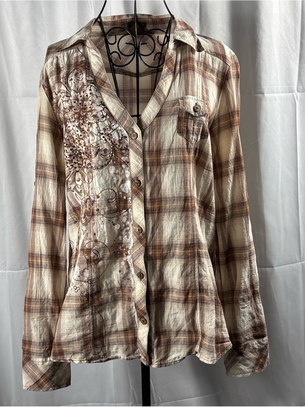 Copper Key Brown and Cream Plaid Button-Down Shirt with Embroidery
